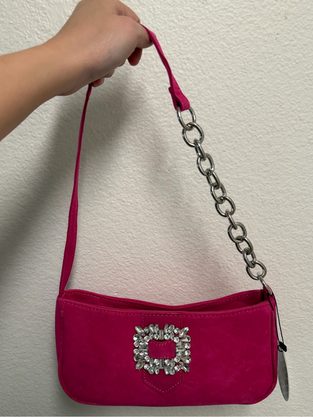 Hot Pink Crystal-Accent Shoulder Bag with Chain Strap